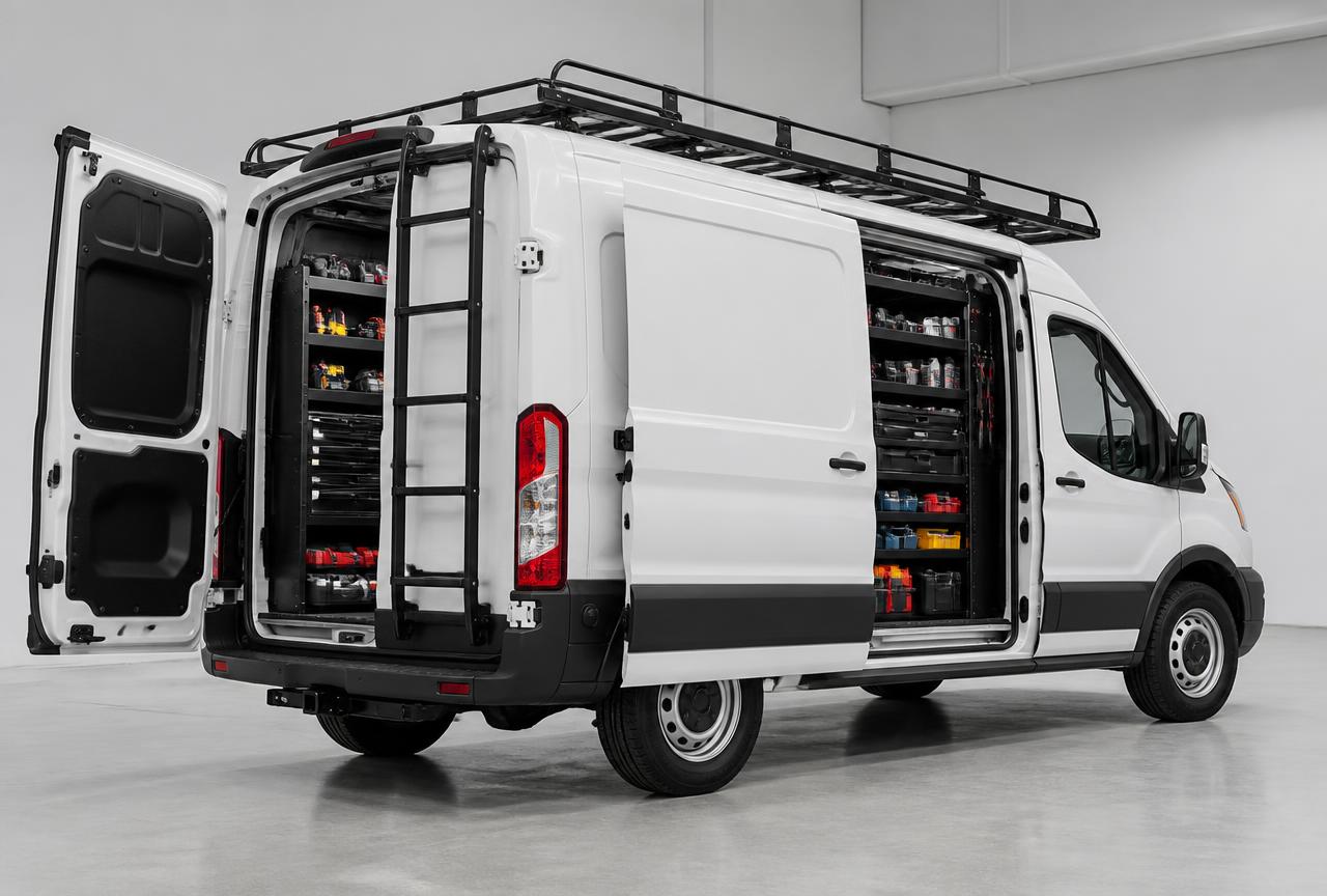 Ford Transit cargo van with roof rack, rear ladder and custom interior shelving