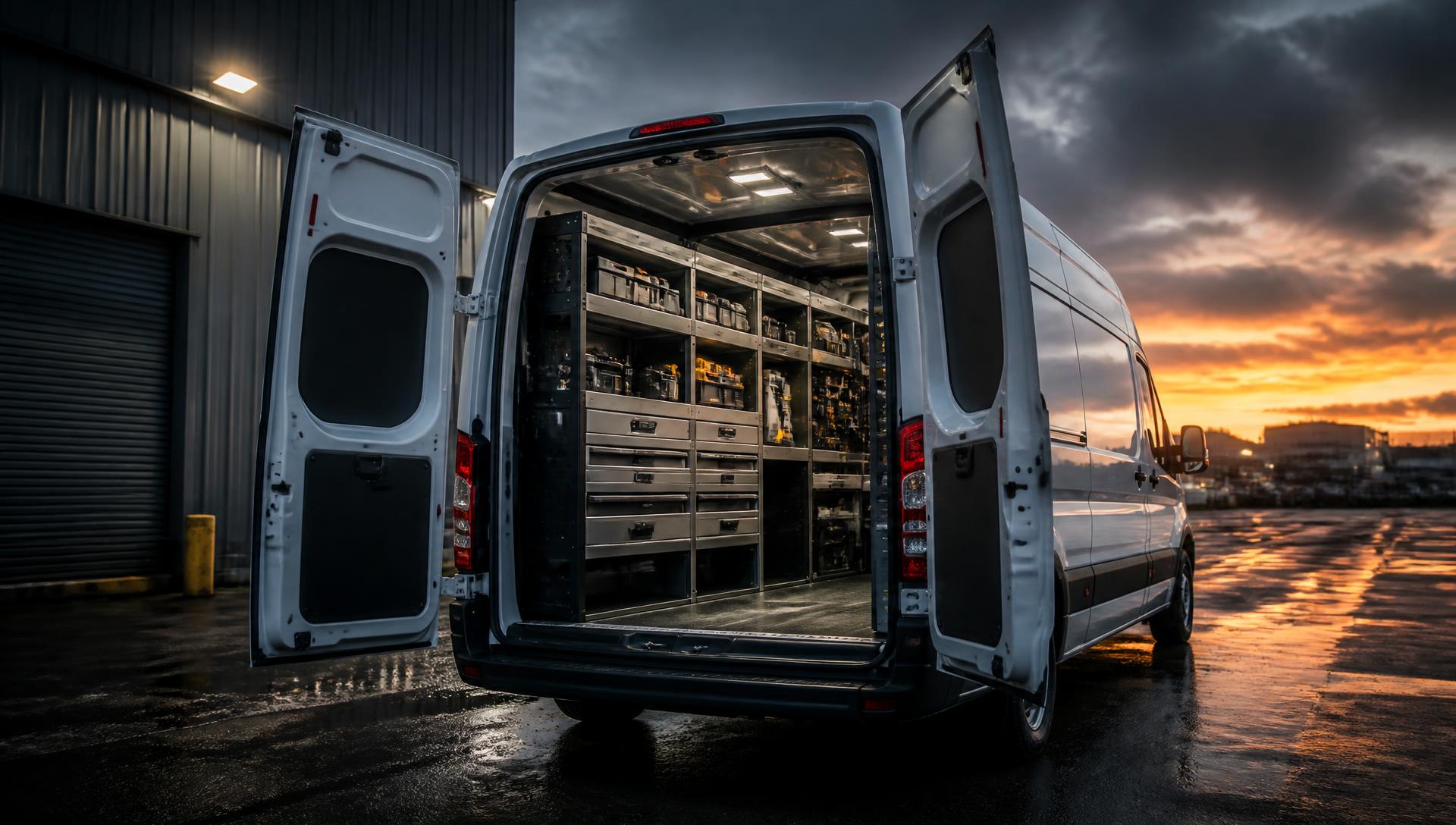Ford Transit commercial van with custom shelving and organized tools